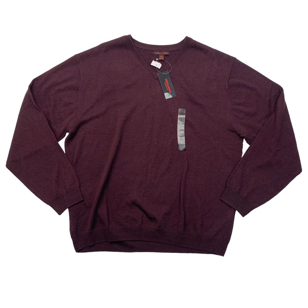 Linea Uomo Wool Blend Sweater Mens 2XL XXL Maroon Knit Classic Fit V Neck New